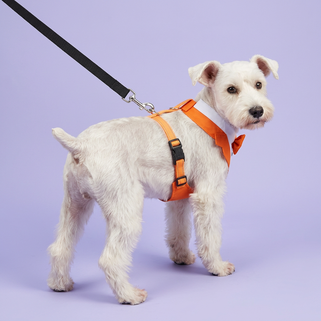 White schnauzer looking back to show the leash attachment