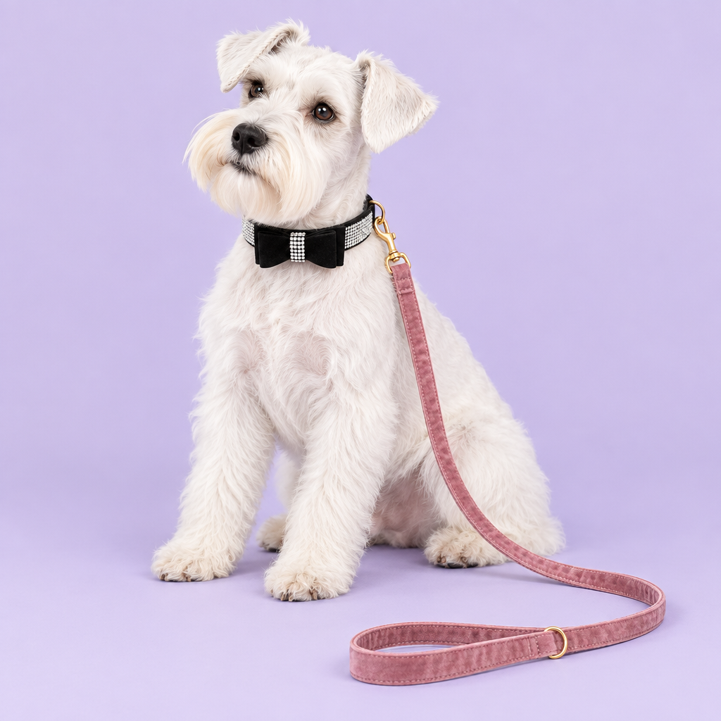 White schnauzer with pink leash and black bow collar