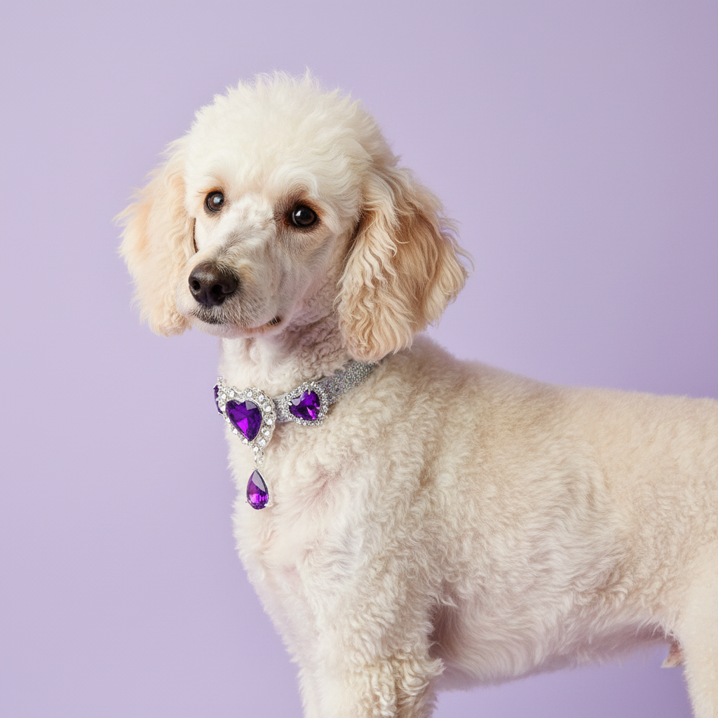 White Standard Poodle in the purple heart pendant collar