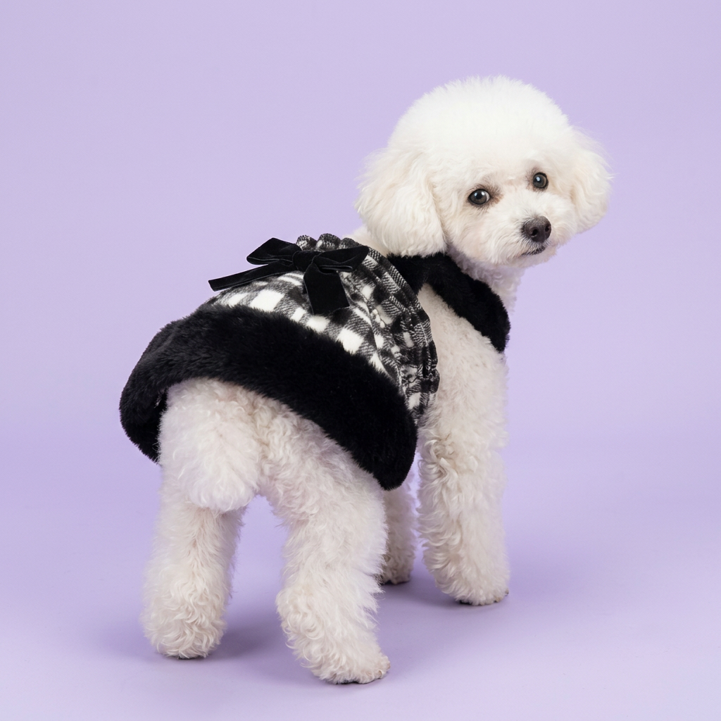 White toy poodle looking back to show the black bow