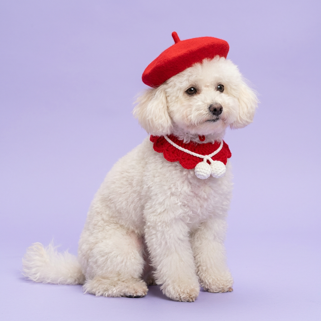 White toy poodle seated in the red beret and thin bib