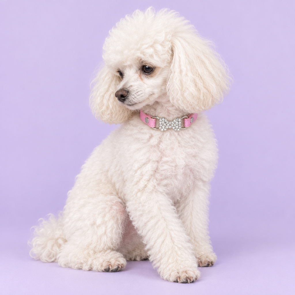 White toy poodle seated with a lowered side gaze