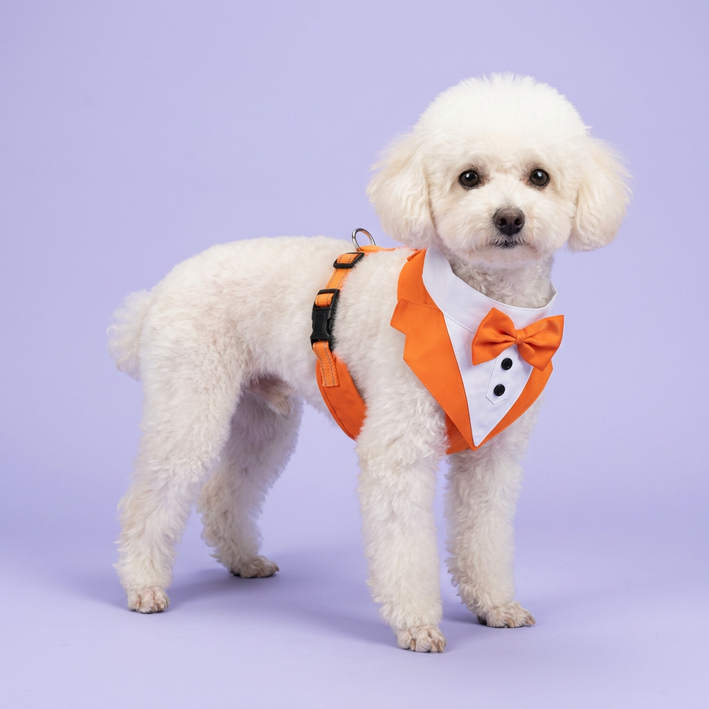 White toy poodle standing in the orange tuxedo harness