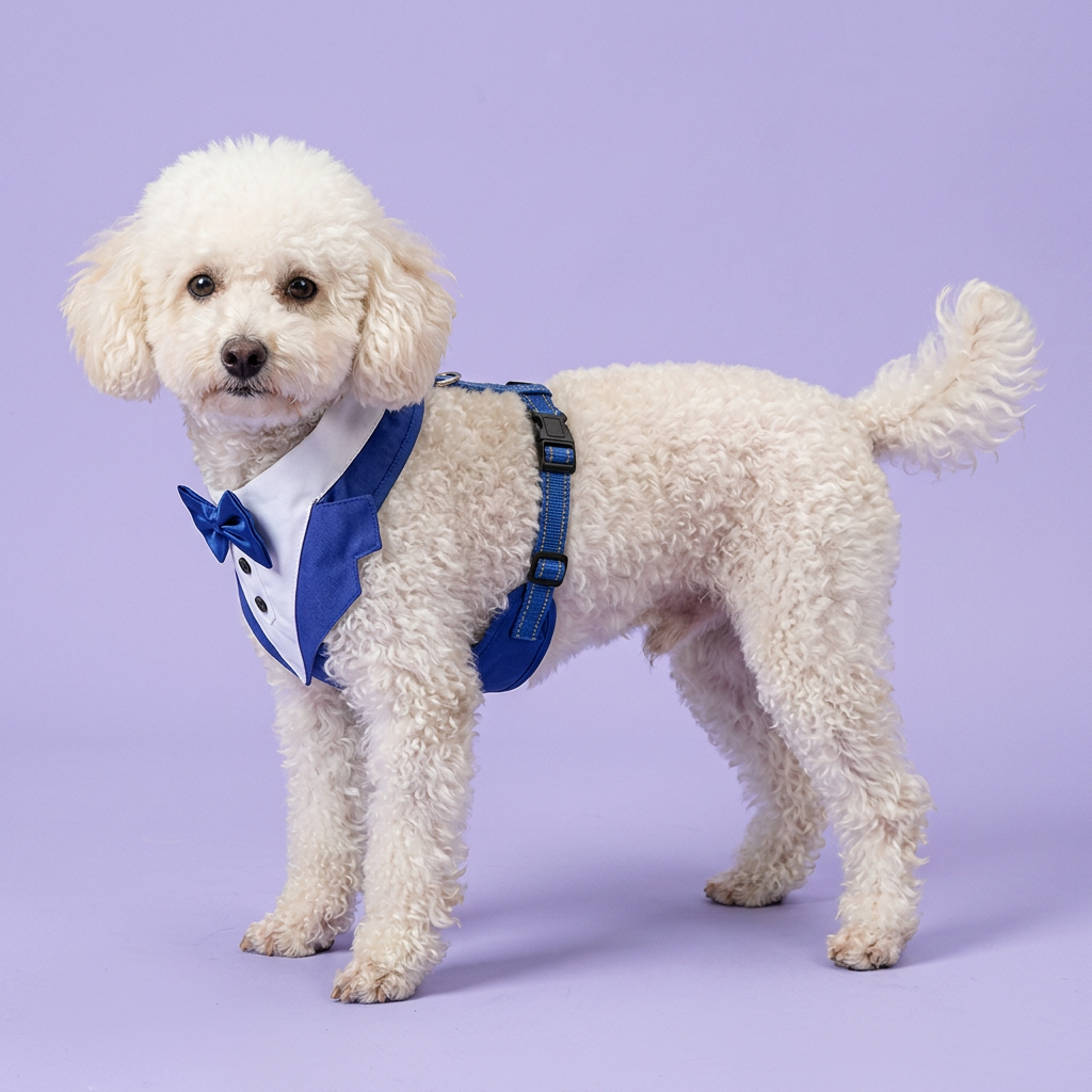 White toy poodle standing in the royal-blue harness