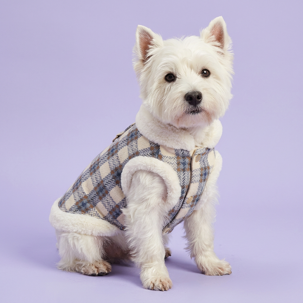 White Westie in the plaid vest with gold front buttons