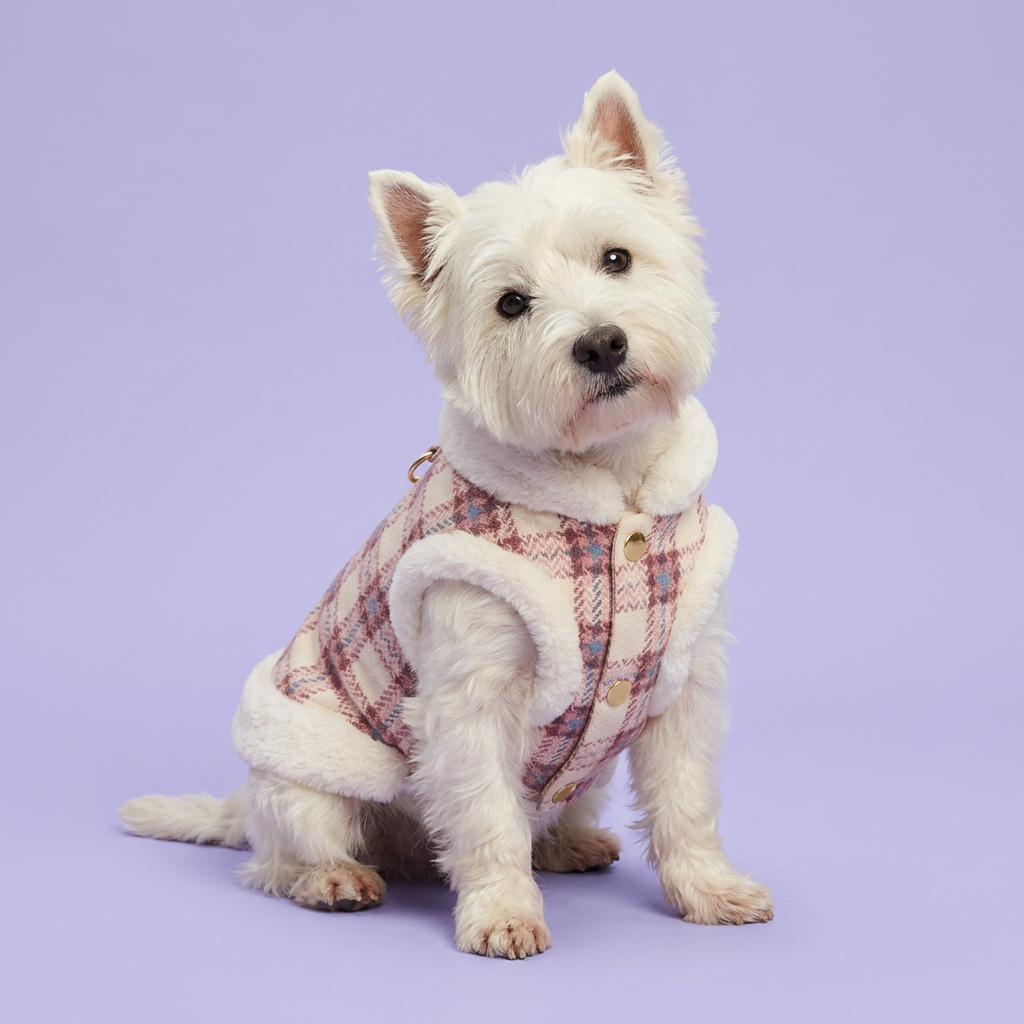 White Westie seated in the pink plaid vest