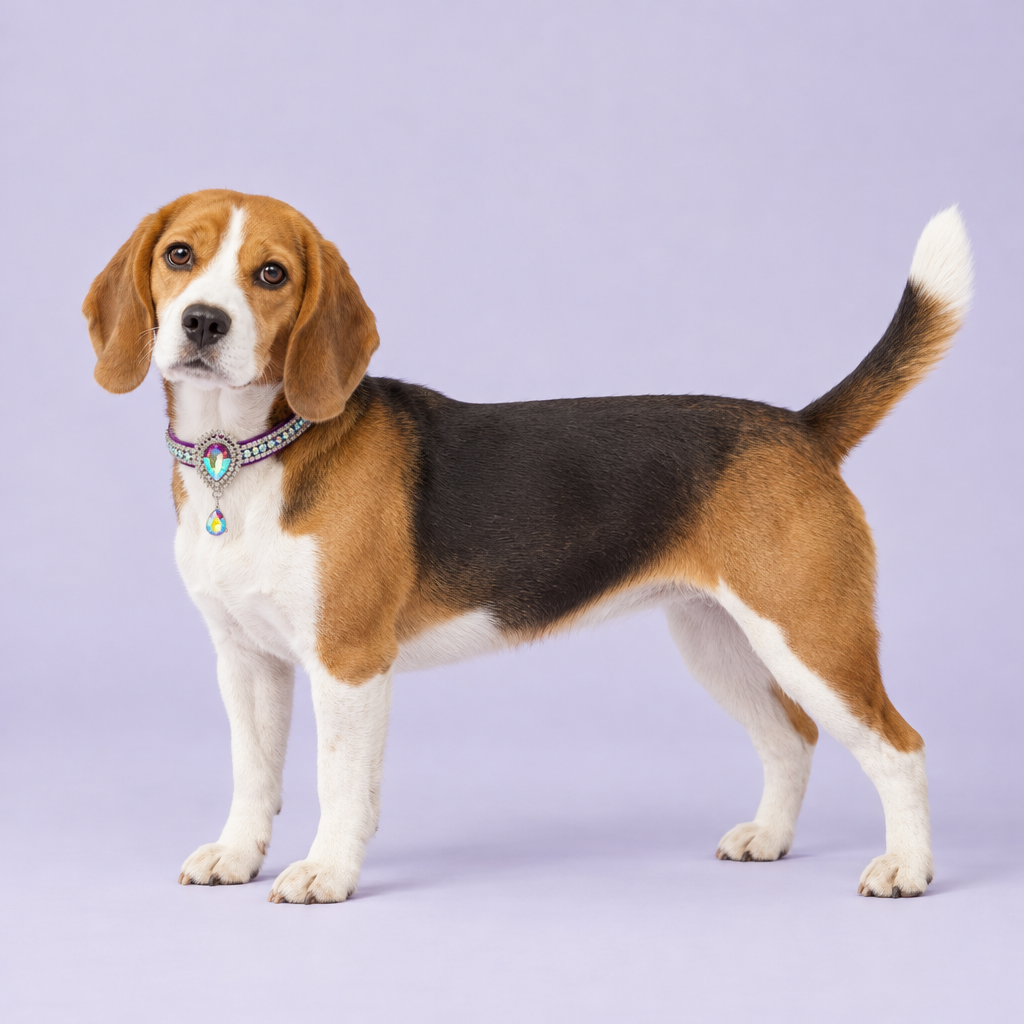 Wide side-on Beagle with its head turned toward the camera