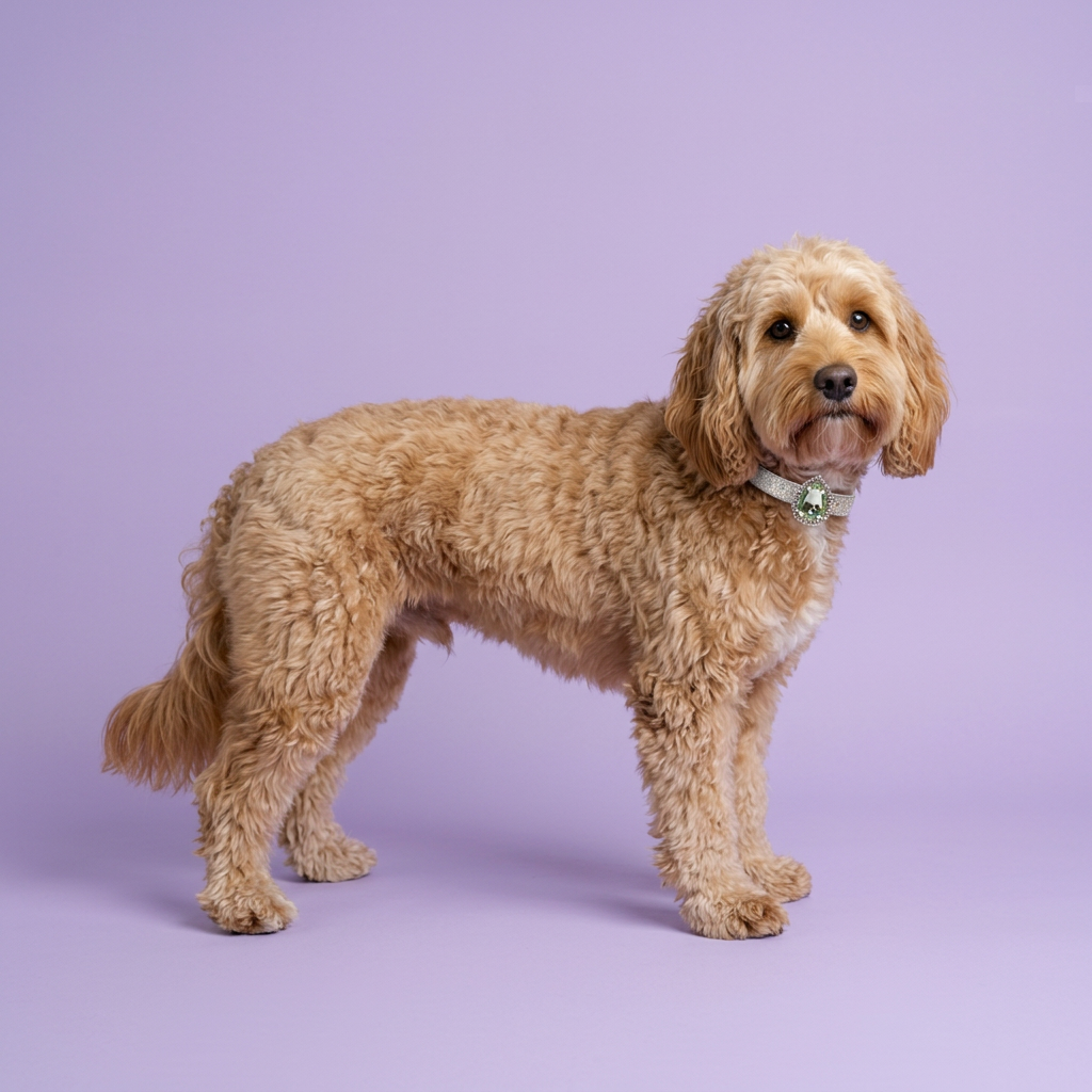 Wide side-on Cockapoo with its head turned toward the camera
