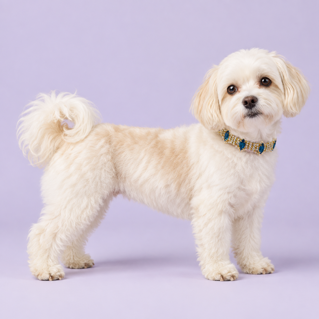 Wide side-on Havanese with its head turned toward the camera