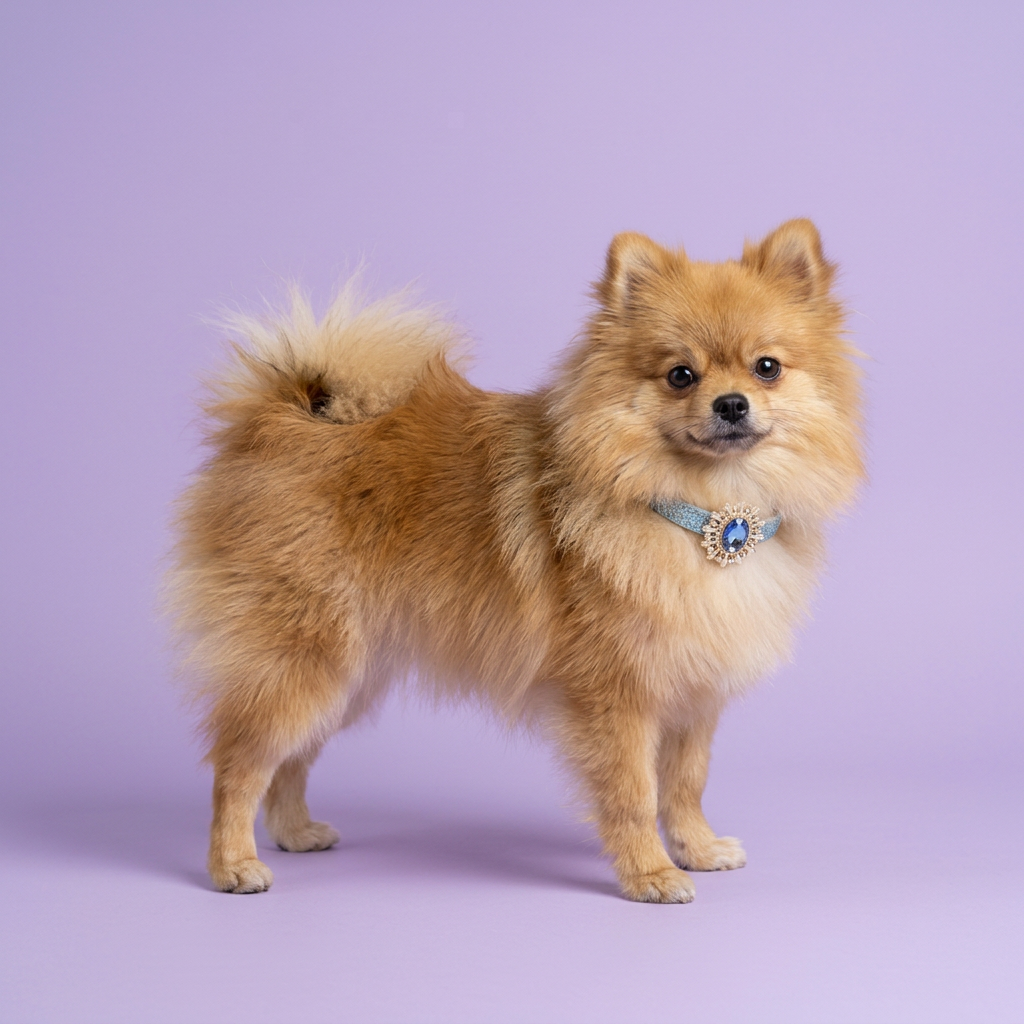 Wide side-on Pomeranian looking toward the camera