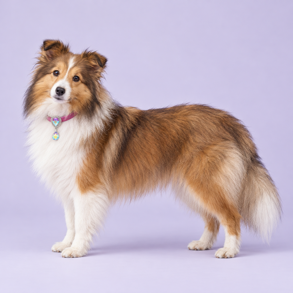 Wider side-on Shetland sheepdog with its head turned back