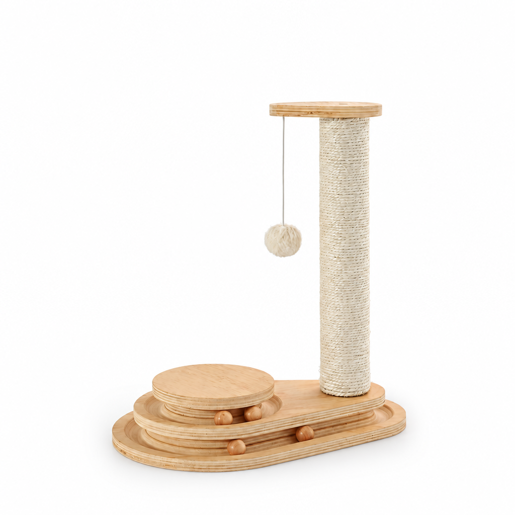 Wooden cat scratching post on plain white, square