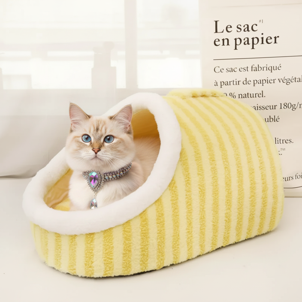 White Ragdoll cat wearing an AB crystal pendant collar resting inside a butter yellow corduroy cave pet bed with a white fleece-lined oval opening, in a bright minimal setting.