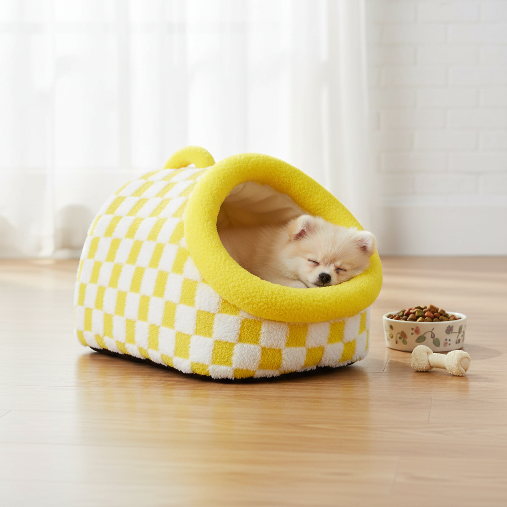 Cream Pomeranian puppy sleeping inside a yellow and white checkerboard plush pet igloo cave bed on a hardwood floor with a food bowl and bone toy nearby