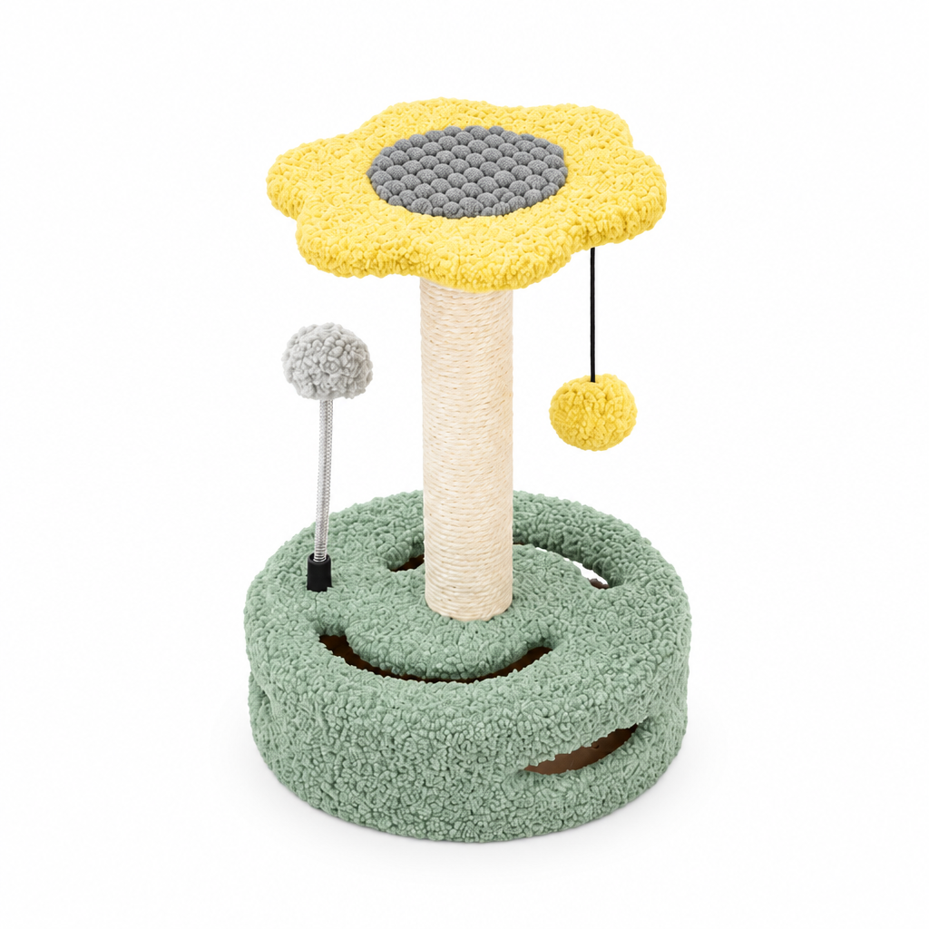 Yellow daisy cat scratching post, front view