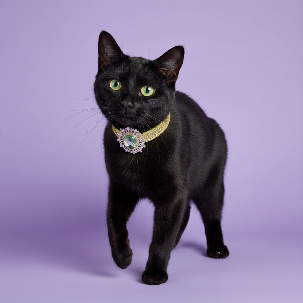 Green-eyed black cat mid-stride wearing a yellow gold glitter rhinestone cat collar with peridot sunburst crystal centerpiece