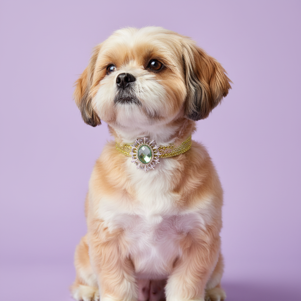 Golden Shih Tzu sitting wearing a yellow gold rhinestone dog collar with peridot green sunburst crystal centerpiece