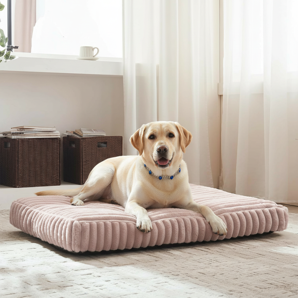 Yellow Labrador Retriever lying on a blush pink corduroy orthopedic dog mat in a bright airy room with sheer curtains, a windowsill, and woven storage baskets