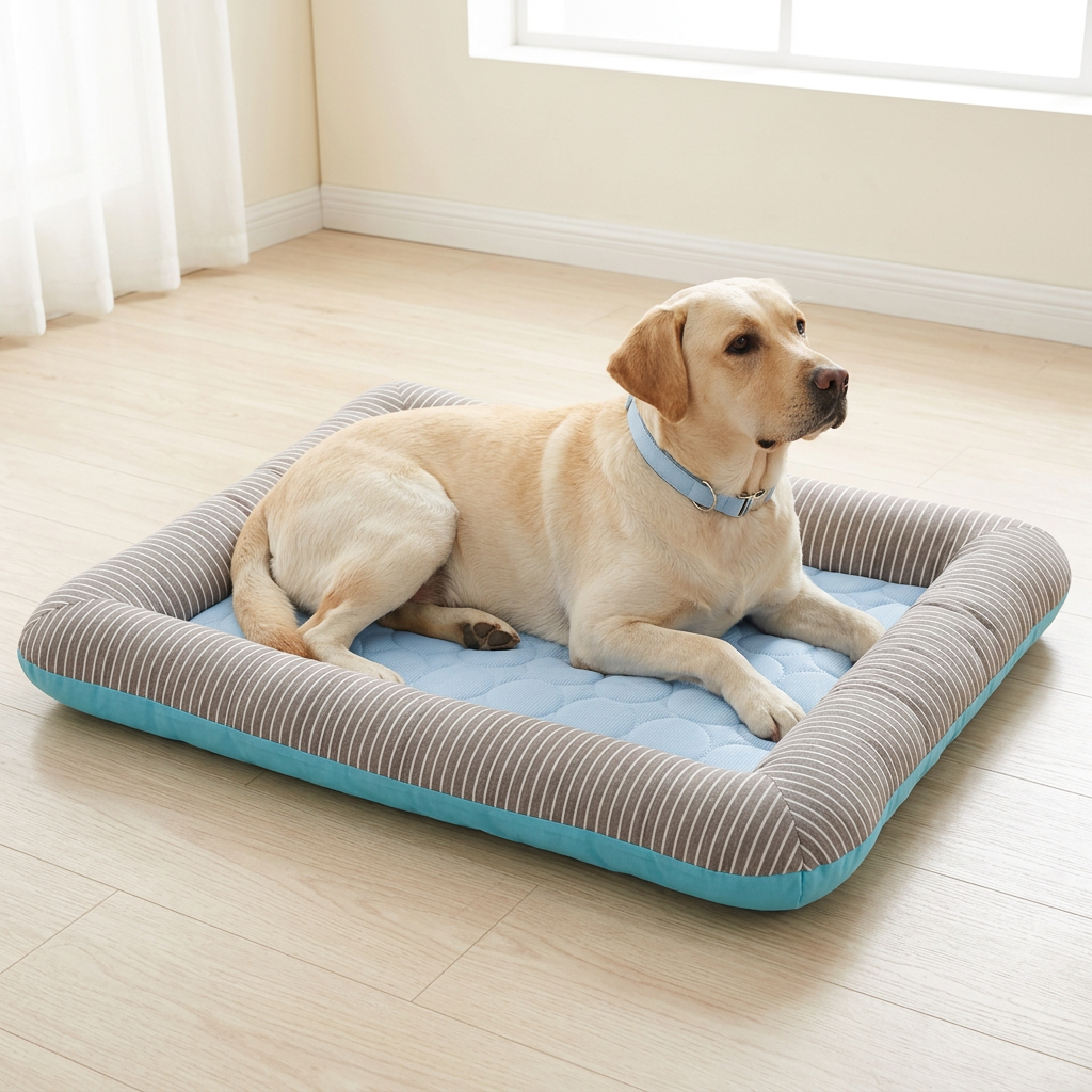 Yellow Labrador wearing your light-blue collar on a spacious striped blue bed