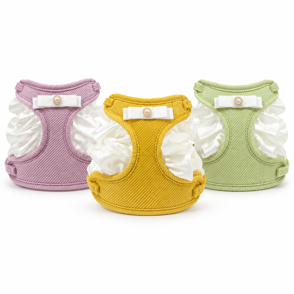 Yellow, lavender, and green harnesses together