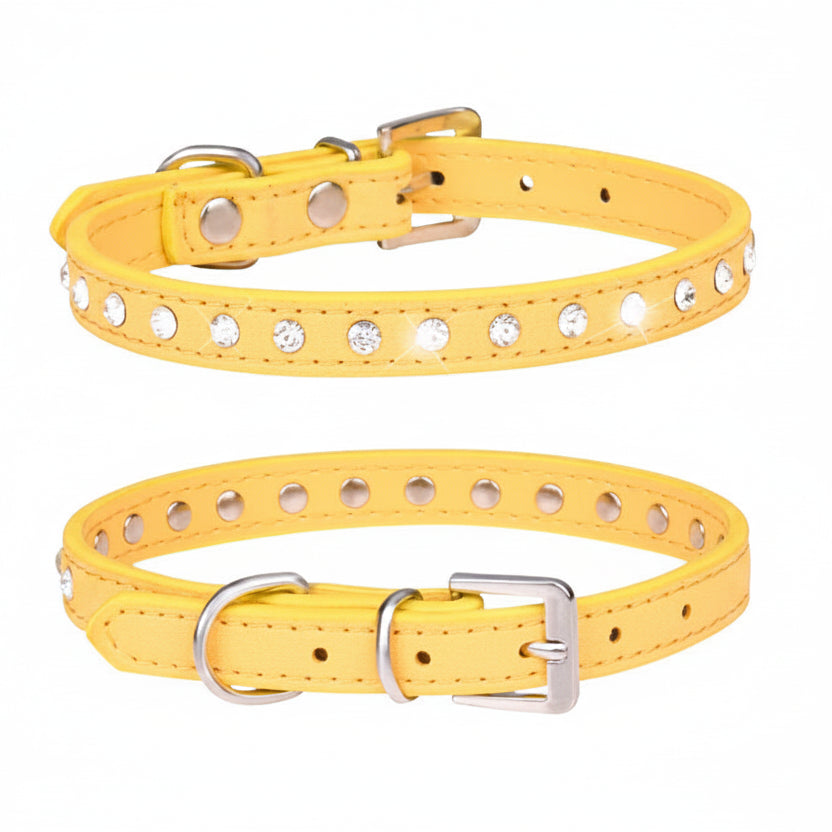 Yellow leather cat and dog collar with single row clear rhinestone crystals and silver buckle, luxury bling pet collar product photo on white background