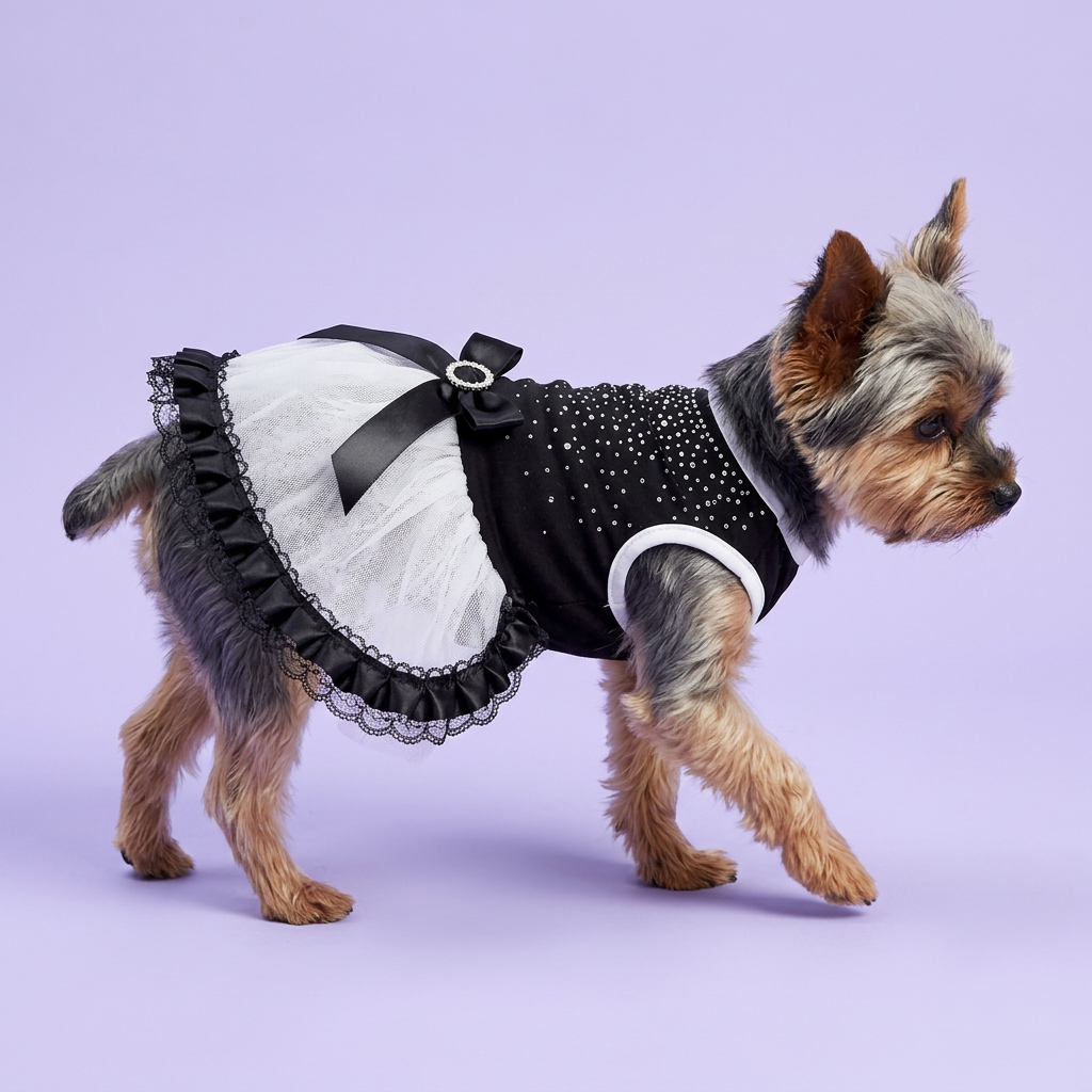 Yorkie gently stepping in the lace-edged dress
