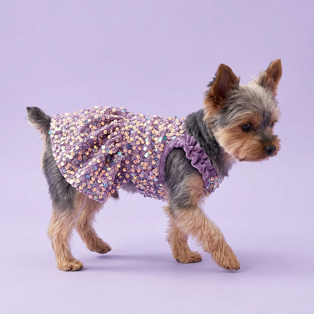 Yorkie gently stepping in the lavender sequin dress