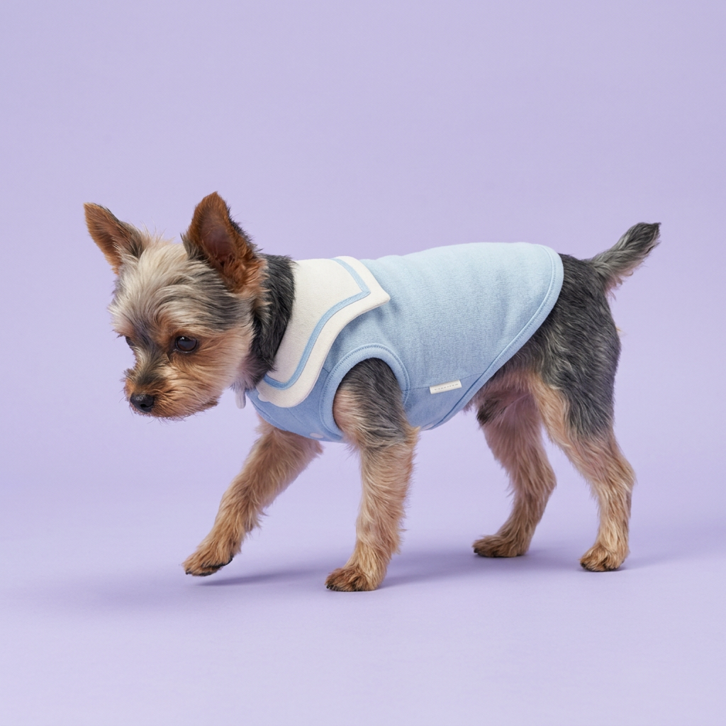 Yorkie gently stepping in the light-blue sailor shirt