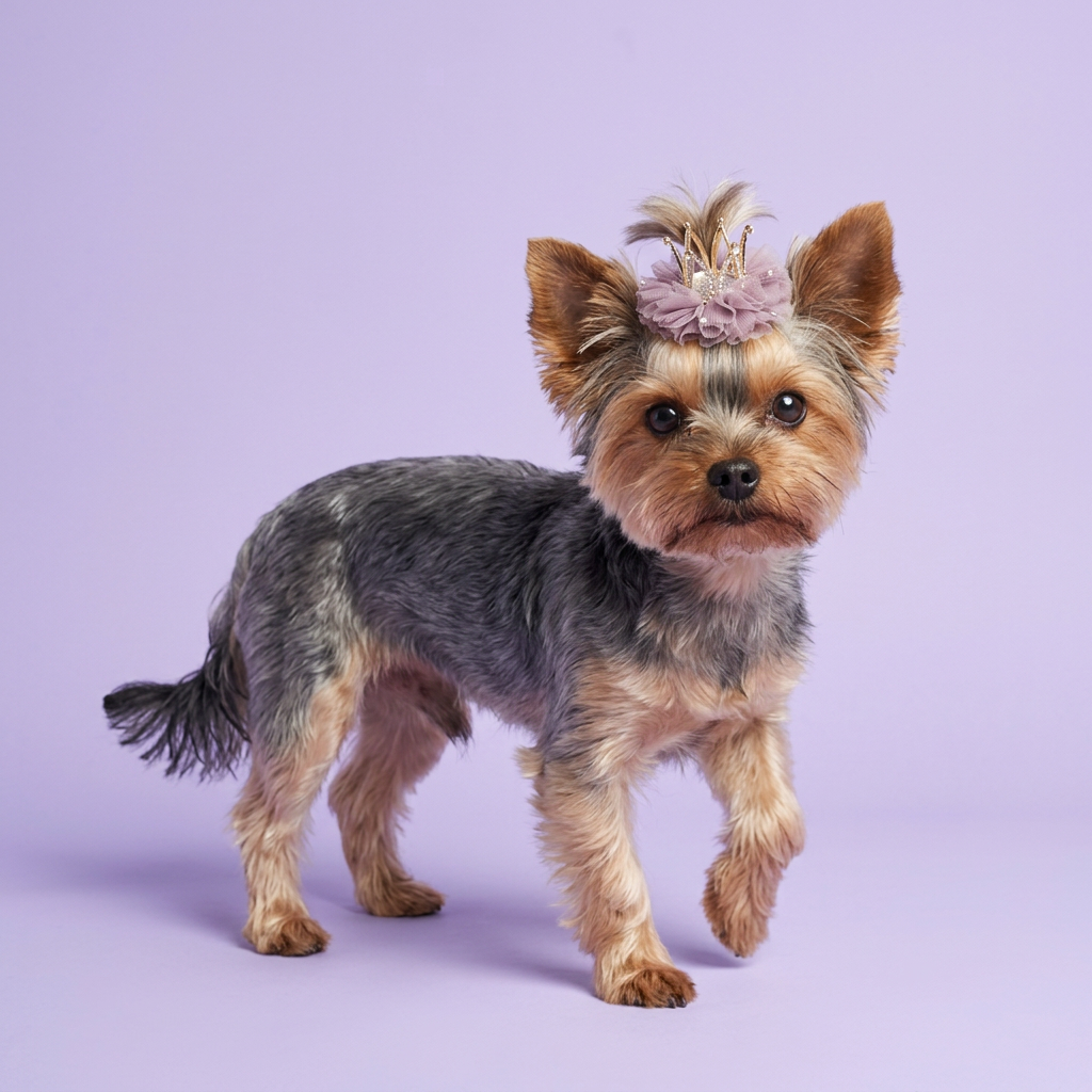 Yorkie gently stepping while wearing the lavender crown clip