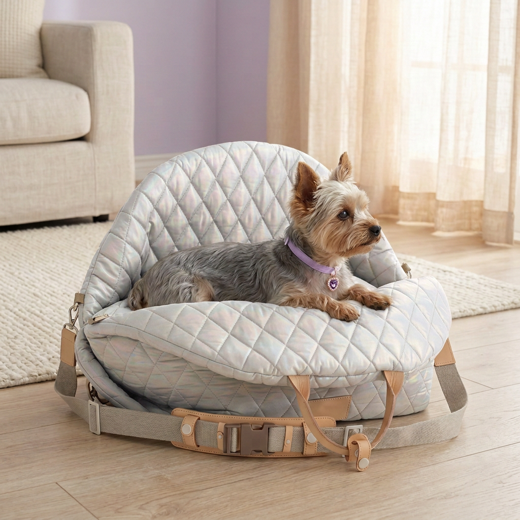 Yorkie in an iridescent silver quilted carrier in a bright living room