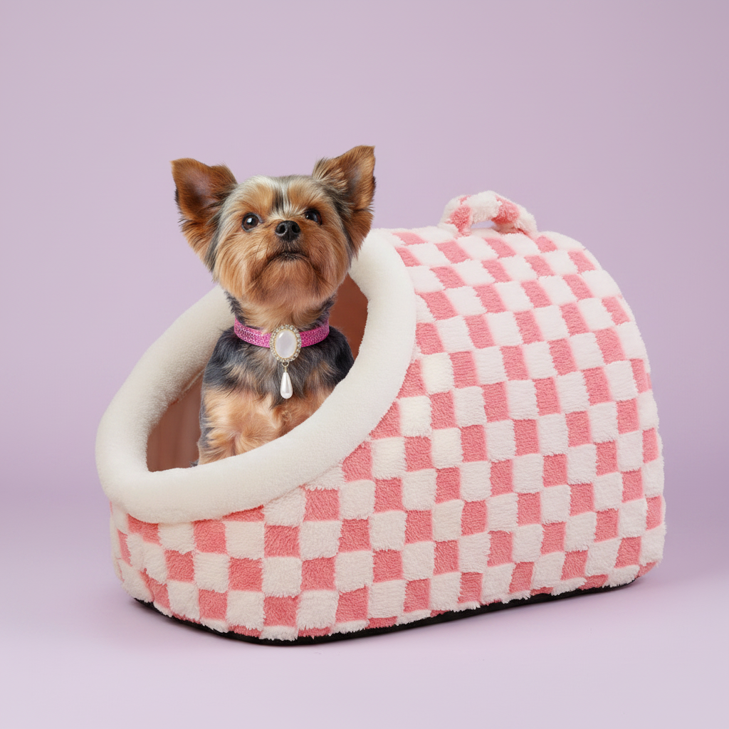 Yorkshire Terrier sitting upright inside a pink and white checkerboard plush pet igloo cave bed with cream padded entrance and pom pom accent, wearing a pink rhinestone collar with pearl cameo pendant on a soft lavender background