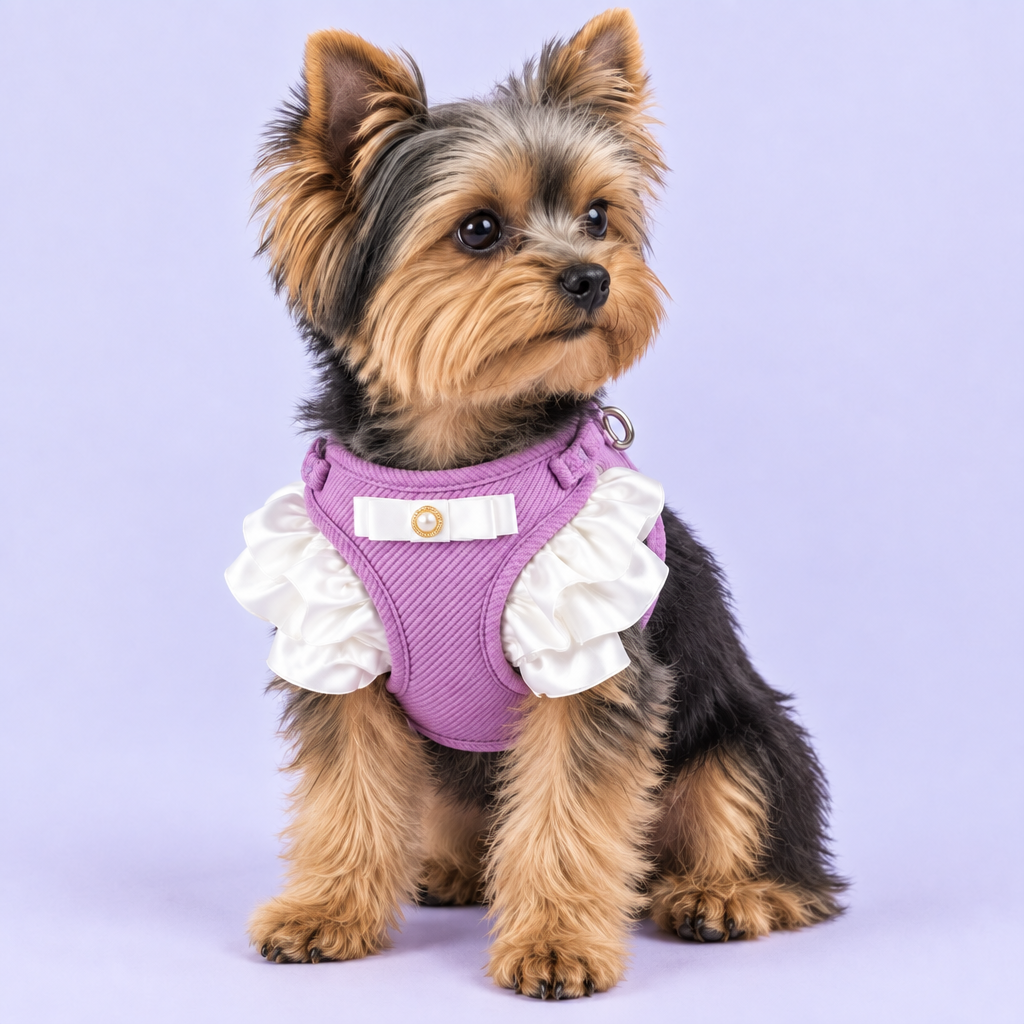Yorkie in purple ruffled harness without leash