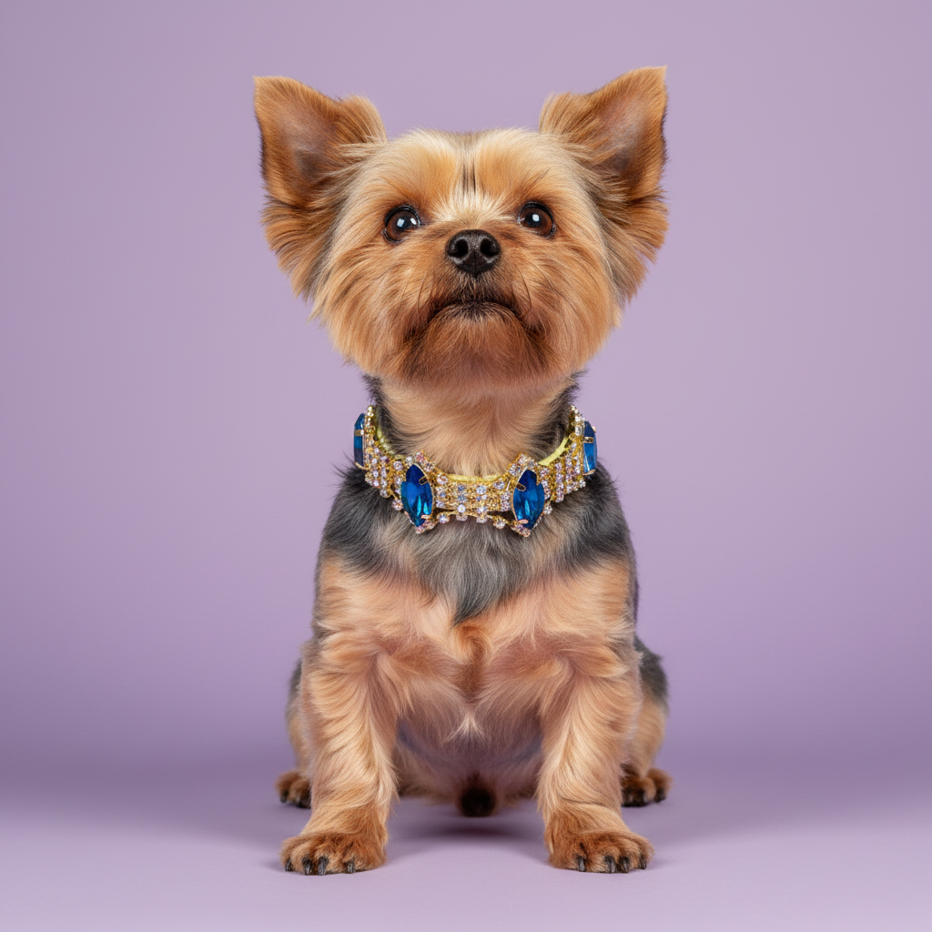 Yorkshire Terrier sitting and gazing upward wearing a gold rhinestone dog collar with large sapphire blue marquise-cut crystal stones