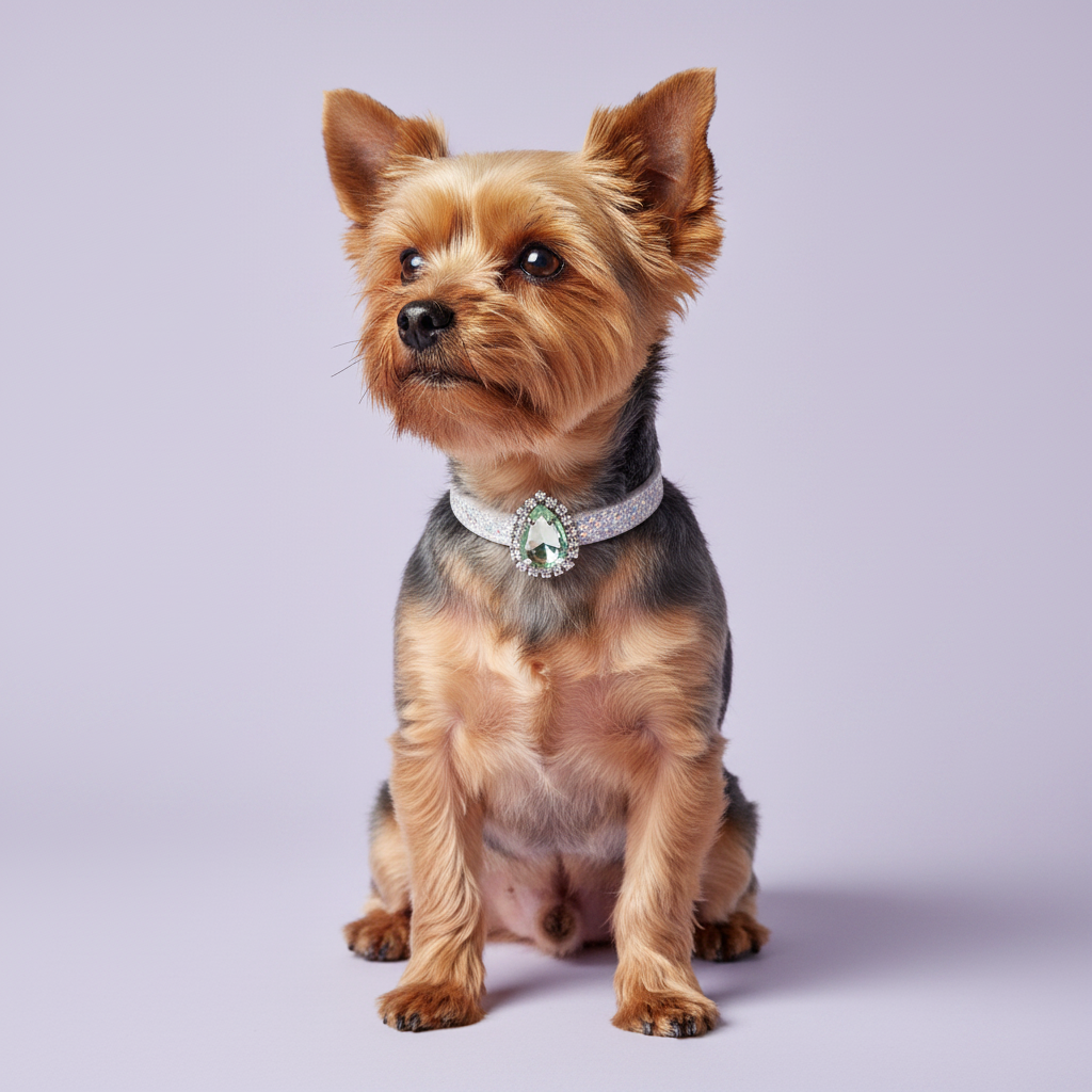 Yorkshire Terrier wearing silver rhinestone dog collar with mint green teardrop crystal pendant