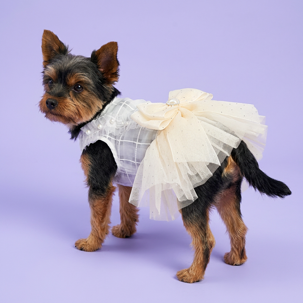 Yorkie in the ivory pearl-bow dress