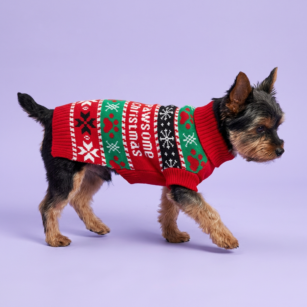 Yorkie in the Pawsome Christmas sweater