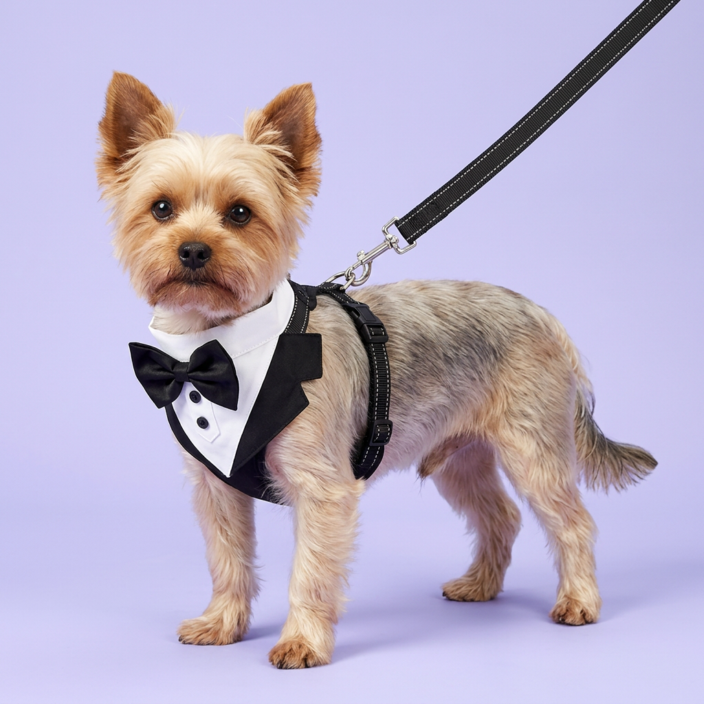 Yorkie in the tuxedo harness with a back-attached leash