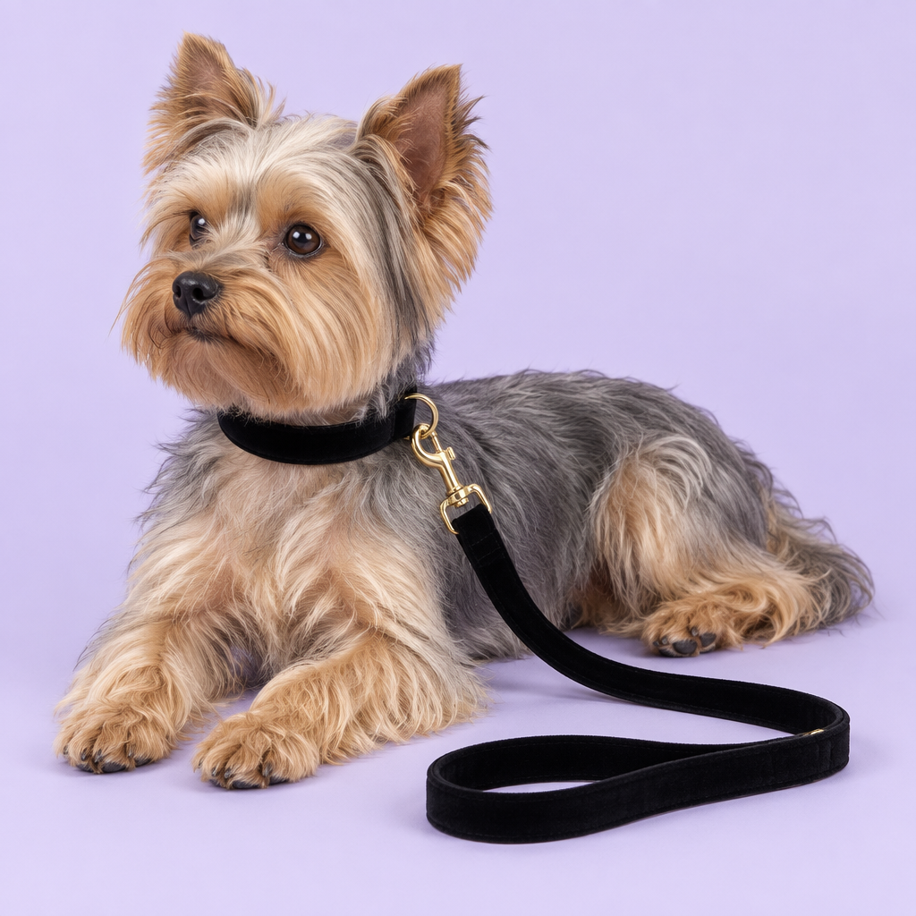 Yorkie lounging in the black velvet collar and leash set