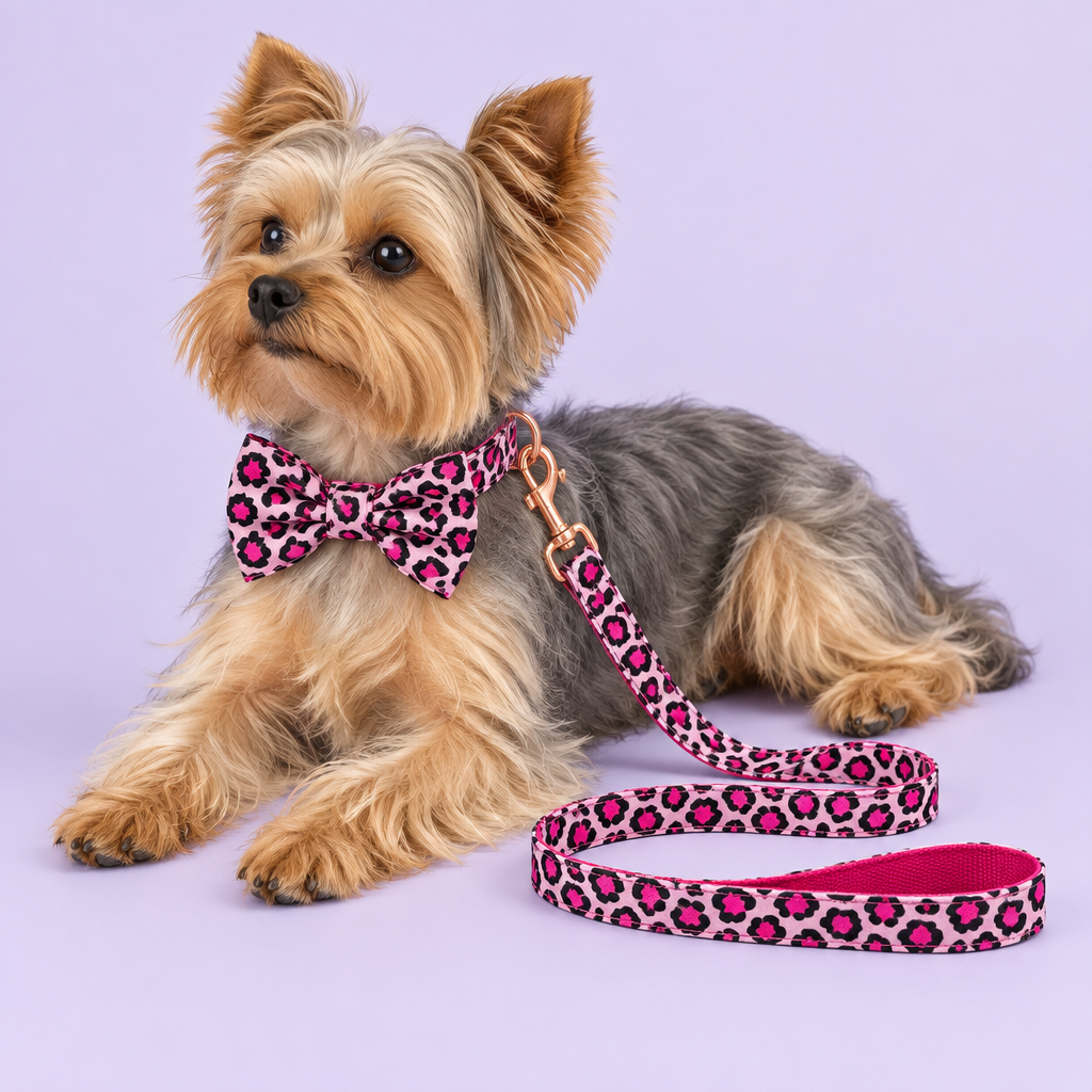 Yorkie lounging with pink leopard bow collar and leash