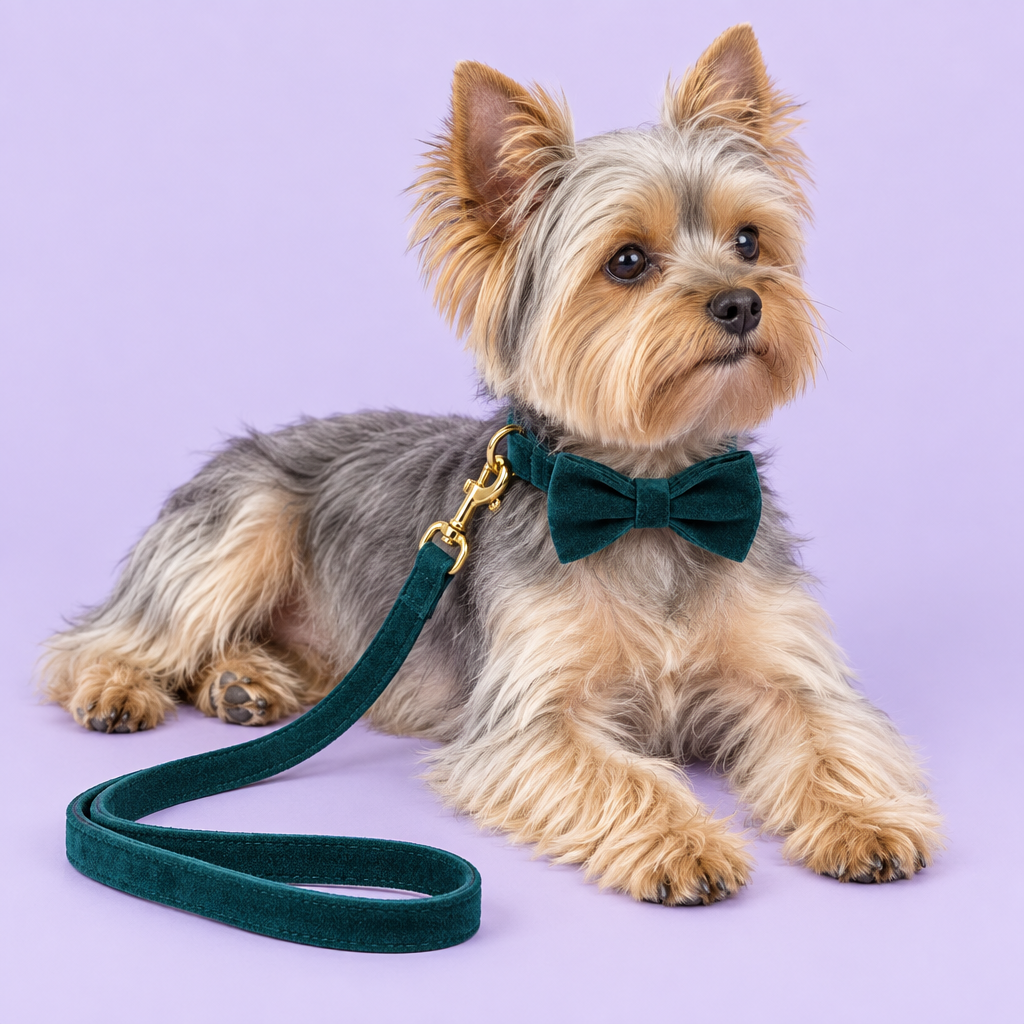 Yorkie lounging with teal velvet bow collar and leash
