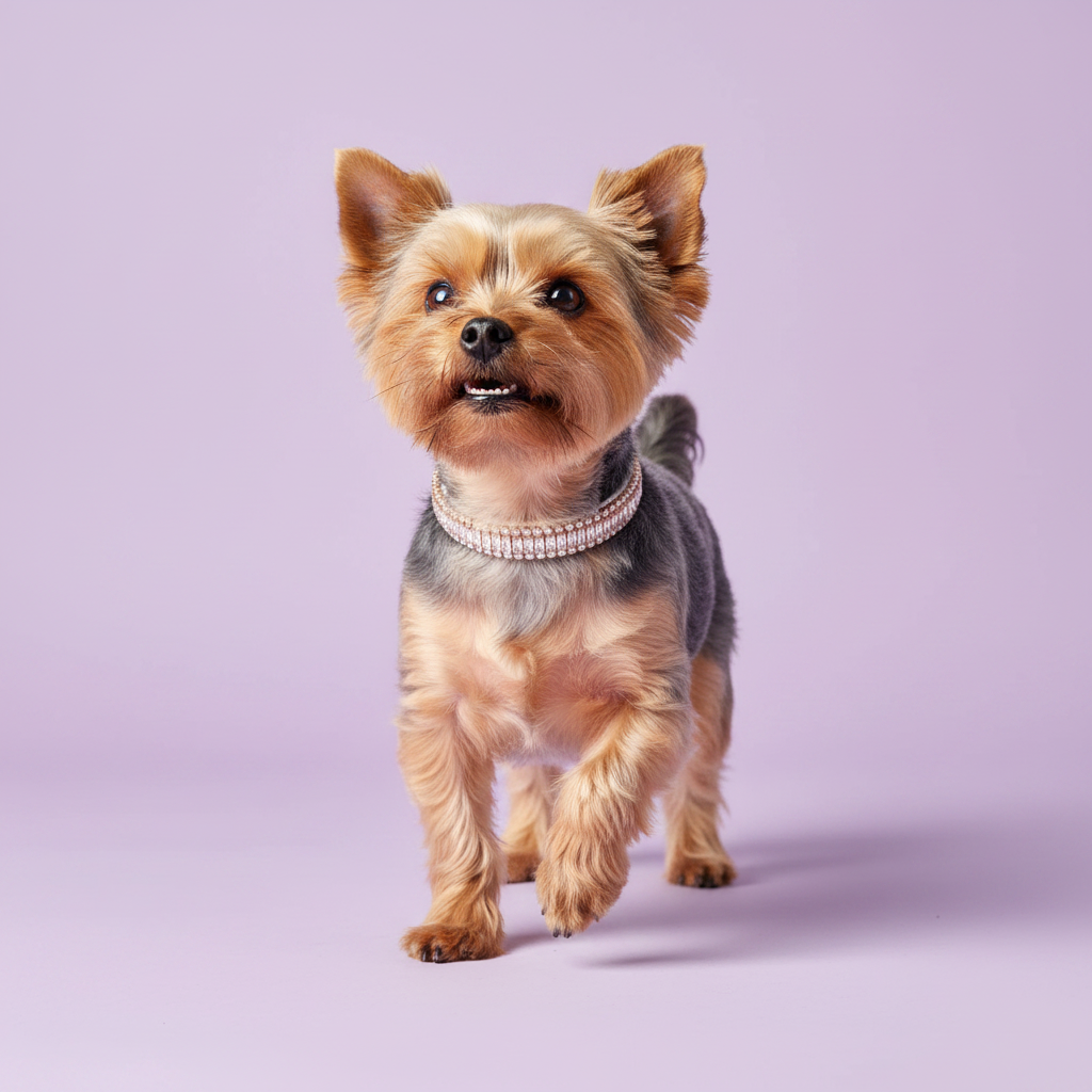 Pretty Posh Pets luxury rhinestone dog collar — a Yorkshire Terrier mid-prance wearing a white leather collar with emerald-cut clear crystal baguette gemstones bordered by sparkling round rhinestones in rose gold, mouth slightly open and looking upward with an energetic expression against a soft lavender background.