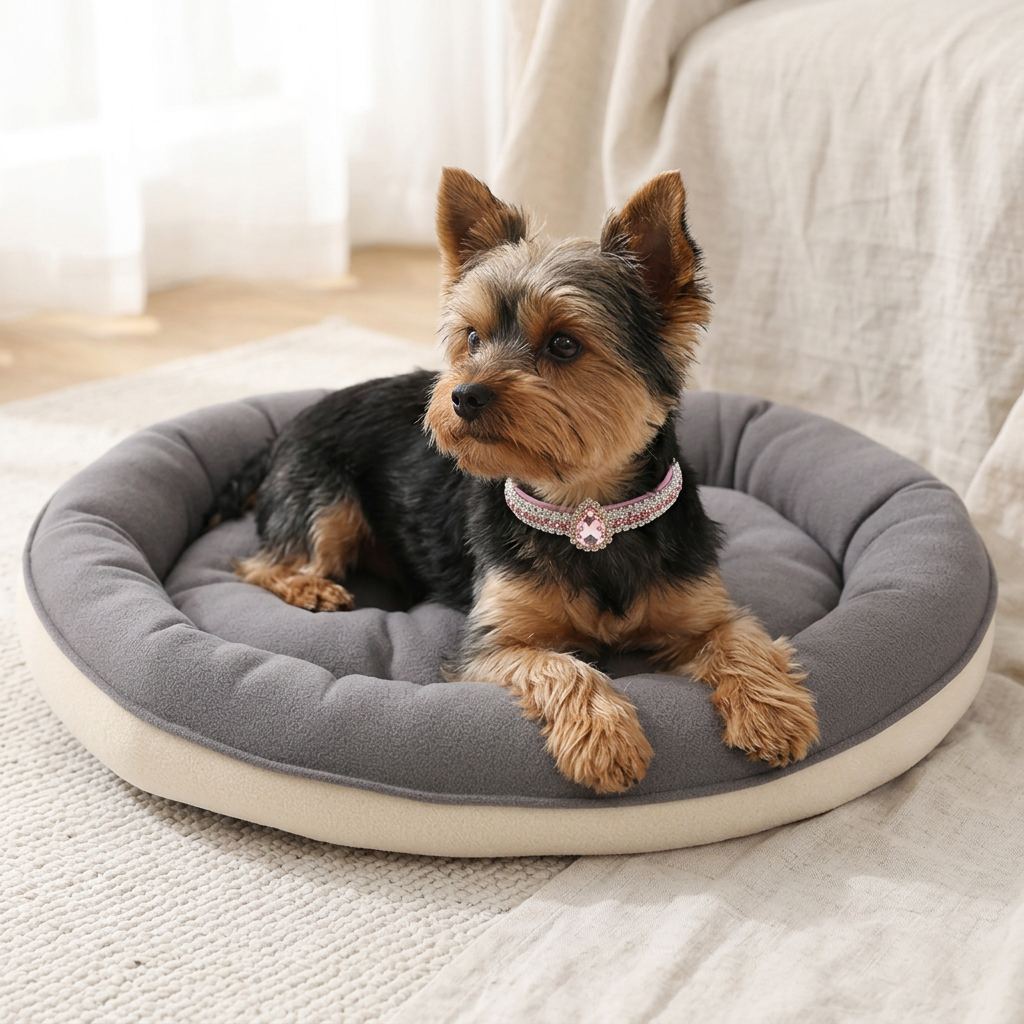 Yorkie on gray bed wearing pink collar