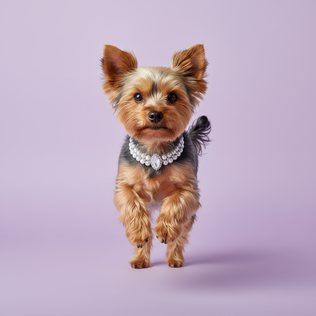 Black and tan Yorkshire Terrier trotting toward the camera with front paws lifted, wearing the double-strand white pearl collar with a marquise-cut crystal centerpiece, on a soft lavender background