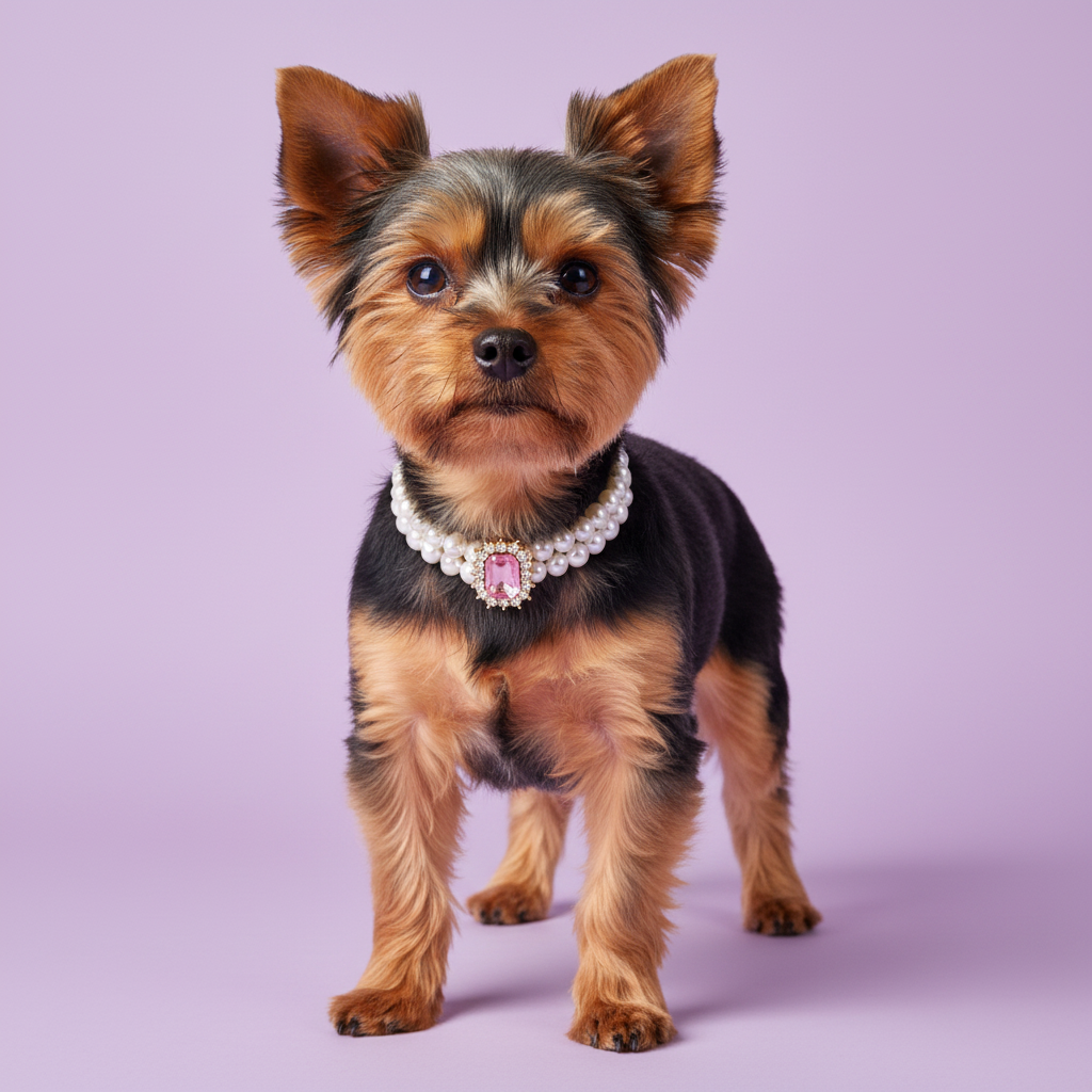 Yorkshire Terrier wearing luxury double-strand pearl dog collar with pink crystal centerpiece on lavender background