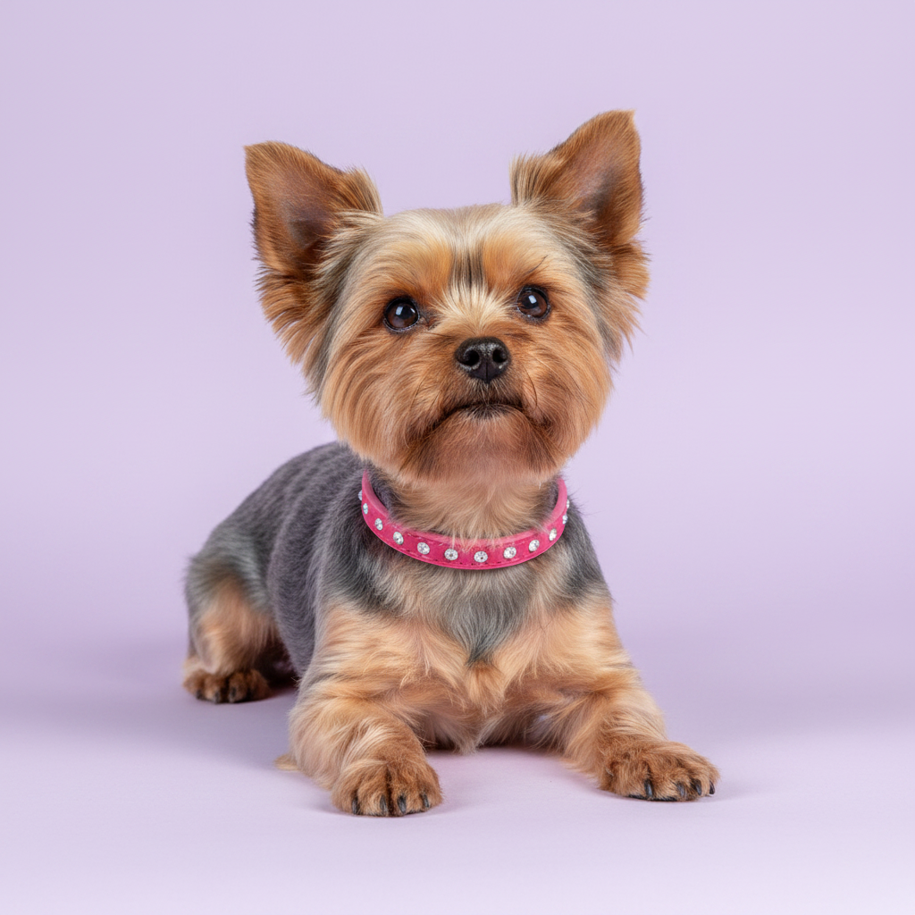 Yorkshire Terrier lying down and wearing a hot pink rhinestone crystal leather dog collar, full body studio portrait on lavender background