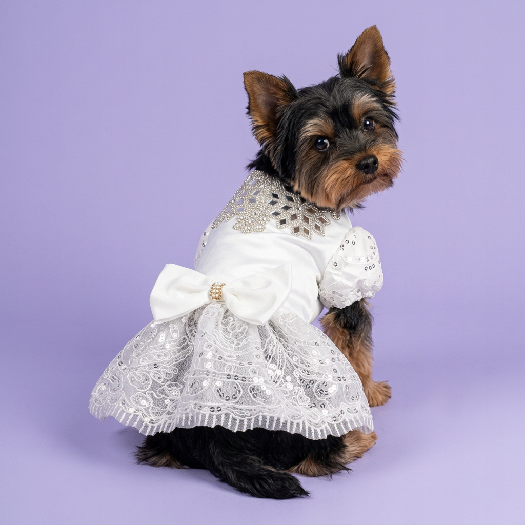 Yorkie showing the jeweled neckline and back bow