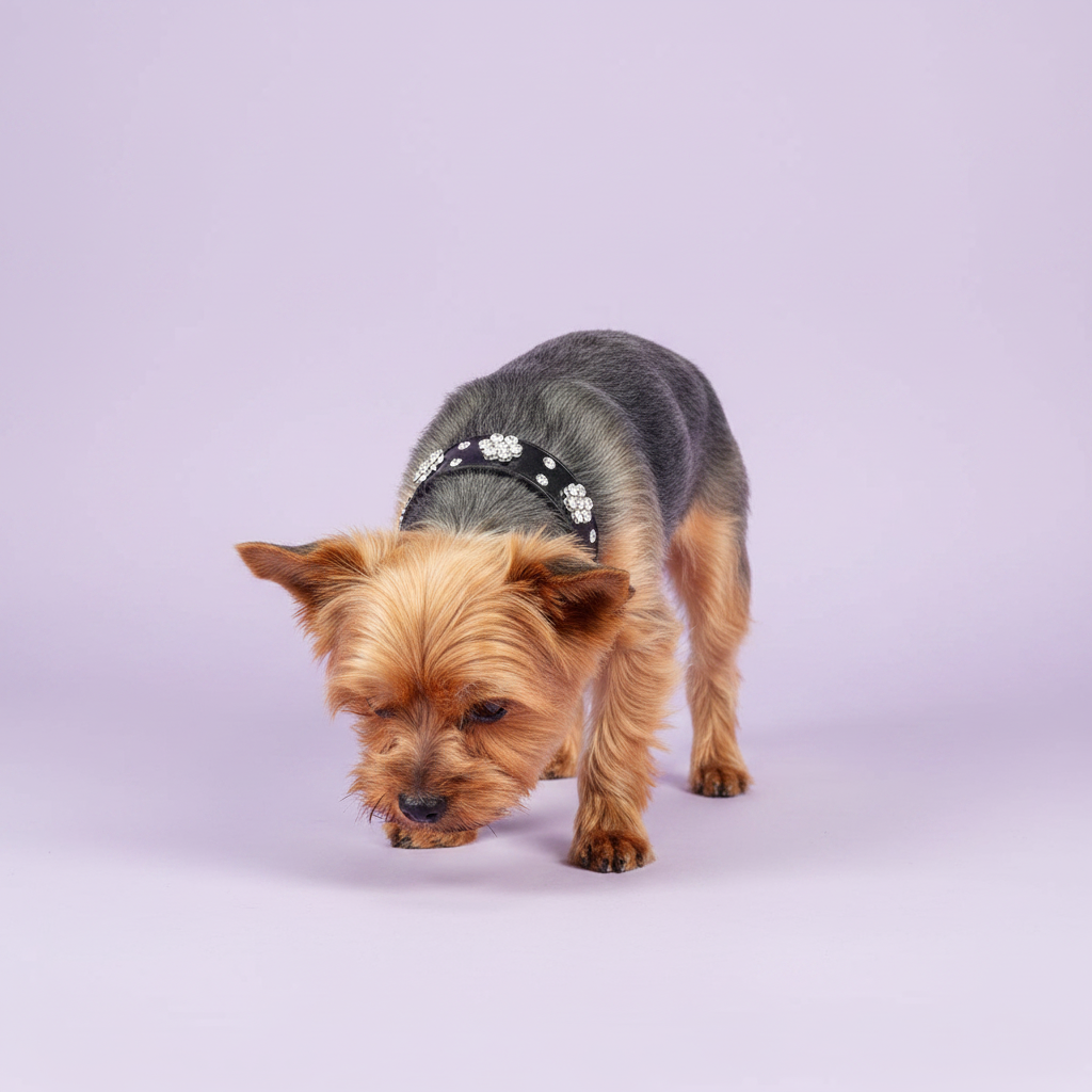 Yorkshire Terrier wearing a sparkling jeweled dog collar against a soft lavender studio background.