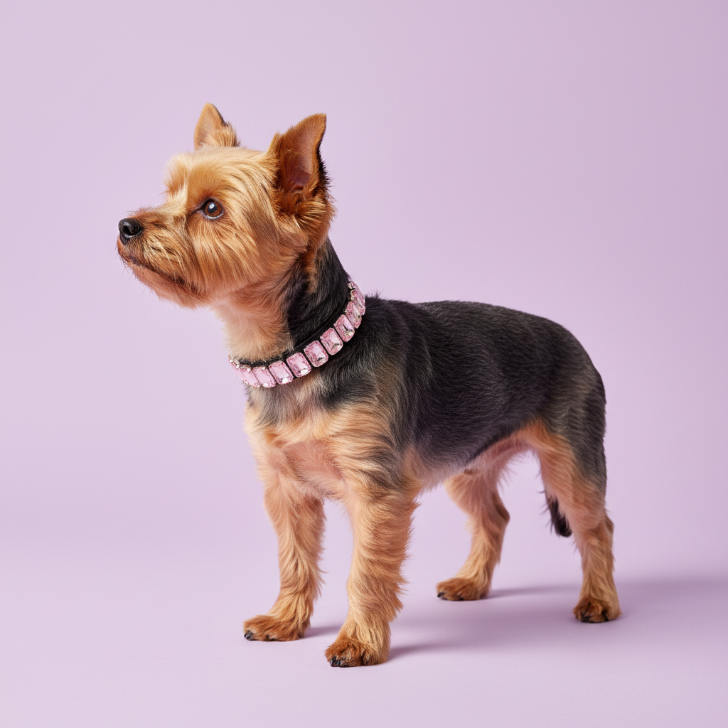 Yorkshire Terrier standing in profile and wearing a pink crystal rhinestone collar against a soft lavender studio background.