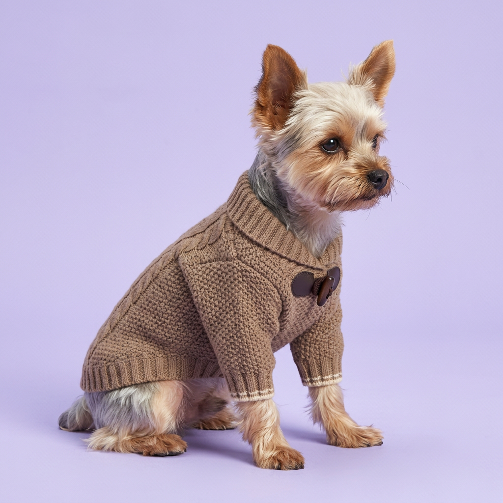 Yorkie sitting sideways in the taupe knitted sweater on lavender