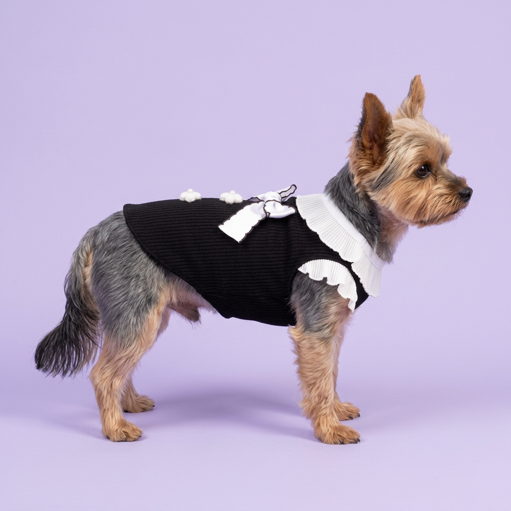 Yorkie standing side-on in the black ruffled top